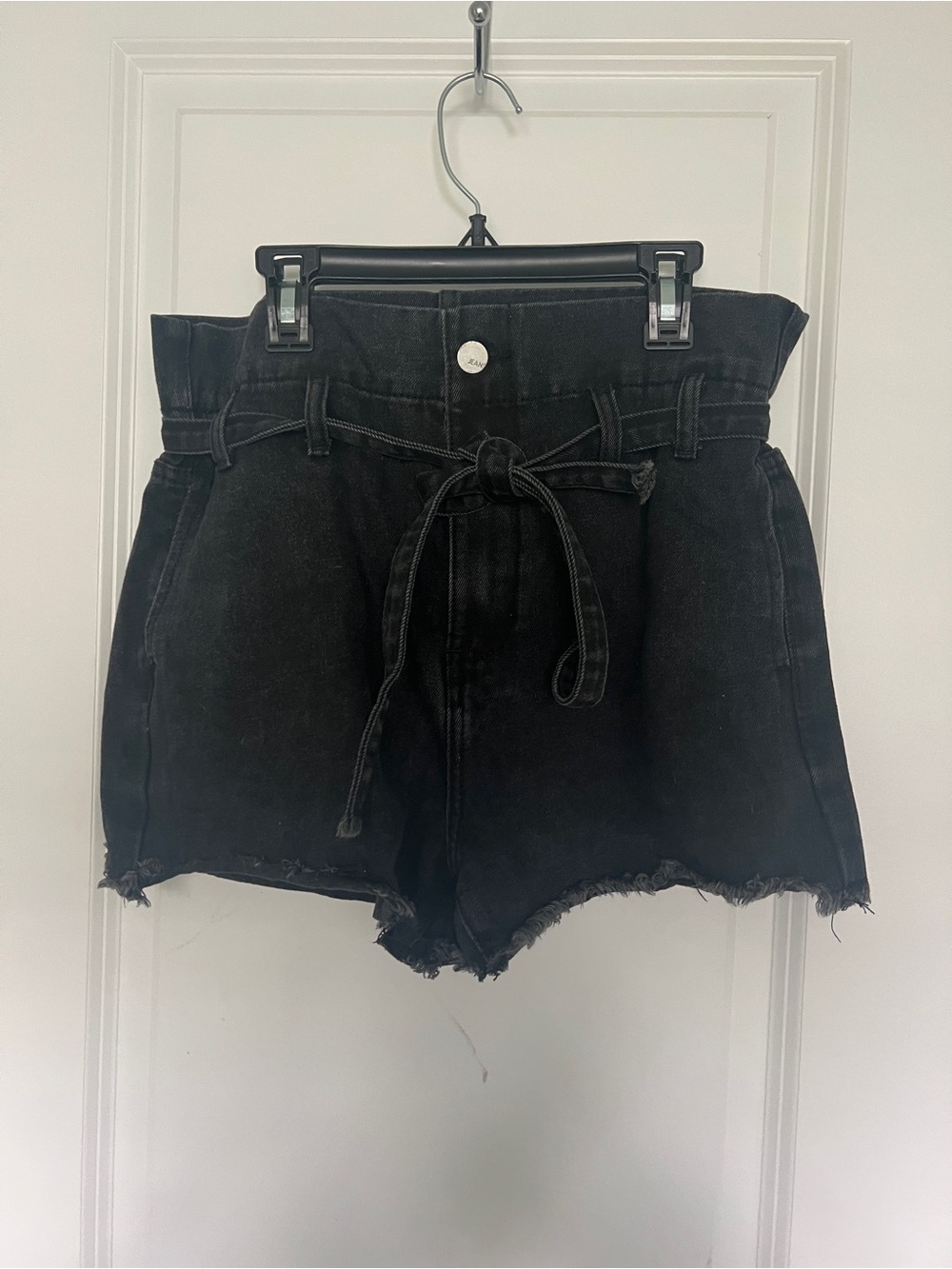 High-Waist Black Paperbag Tie Denim Shorts